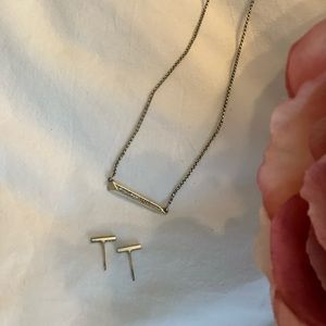 Kendra Scott gold bar necklace and earrings with crystal diamonds